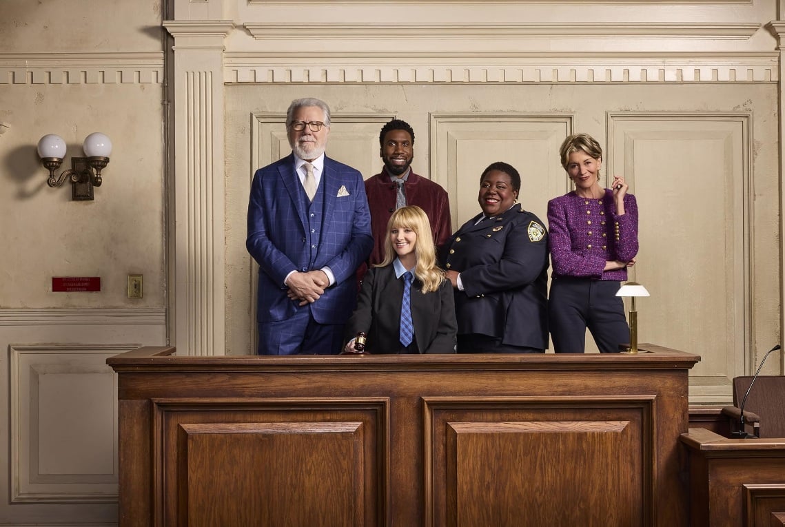 Every NBC Show Cancelled and Renewed for 2025 4 Wendie Malick, John Larroquette, Abby Stone, Dan Fielding, Melissa Rauch, Nyambi Nyambi, and Julianne Walters in Night Court (2023)