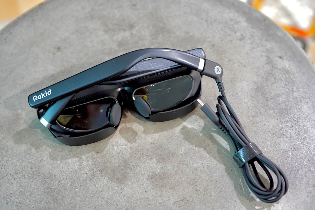 Rokid Max 2 AR Glasses Review: The Perfect First AR Glasses 5 Rokid Max 2 glasses in folded position with USB-C cable attached