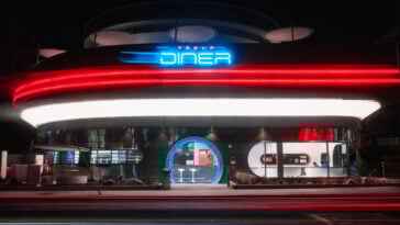 The Tesla Diner lights up West Hollywood with retro-futuristic flair—serving burgers, drive-in movies, and EV charging 24/7 | ©Image Credit: Tesla/X