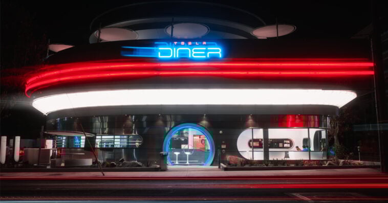 The Tesla Diner lights up West Hollywood with retro-futuristic flair—serving burgers, drive-in movies, and EV charging 24/7 | ©Image Credit: Tesla/X