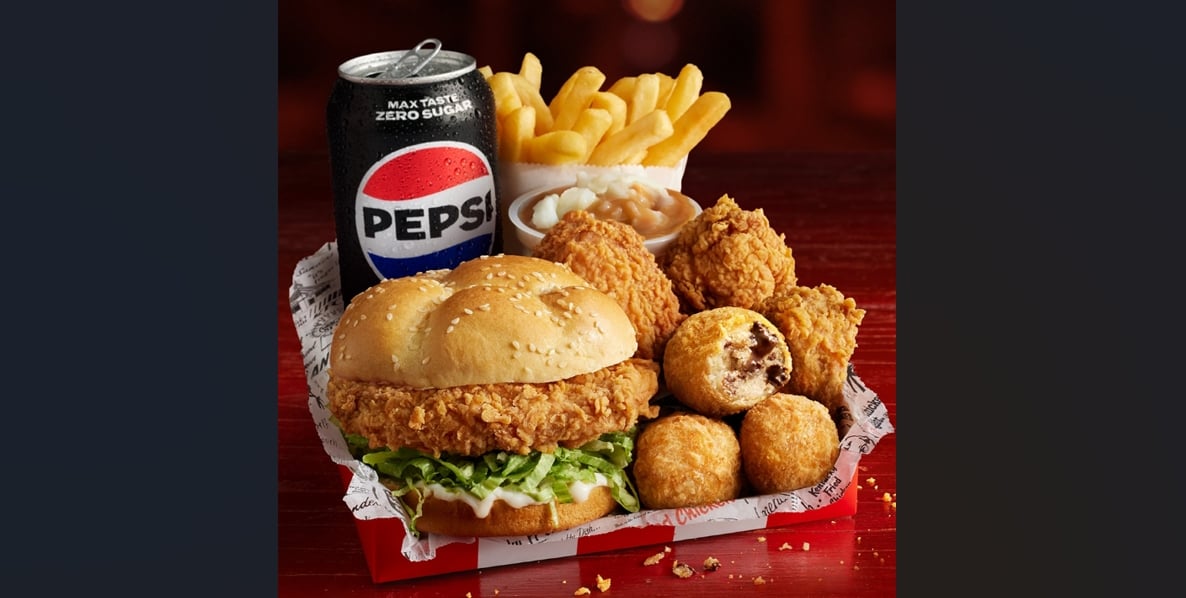 KFC Australia's Treat Box, which includes a Zinger Burger, Wicked Wings, Golden Chips, and Fried Cookie Dough ©Image Credit: Instagram / KFC Australia