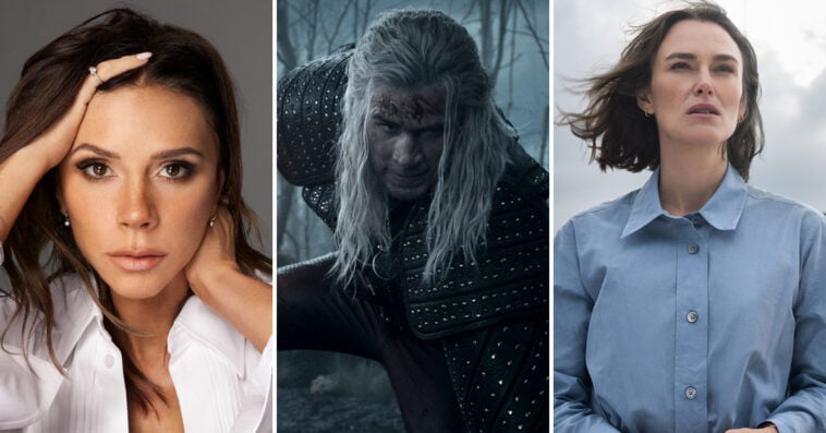 Victoria Beckham in her new Netflix docuseries, Liam Hemsworth in The Witcher Season 4, and Keira Knightley in The Woman in Cabin 10 | ©Image Credit: Netflix
