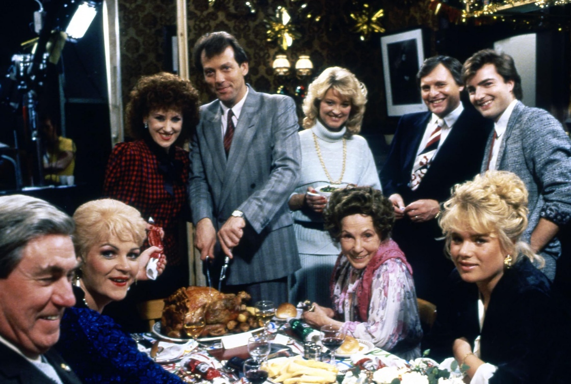 Nick Berry, Peter Dean, Anita Dobson, Gretchen Franklin, Leslie Grantham, Pam St. Clement, Donald Tandy, and Gillian Taylforth in EastEnders (1985)