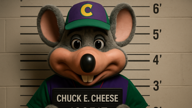A police booking photo style illustration referencing the arrest of a Chuck E. Cheese mascot performer in Tallahassee | ©Image Credit: Generated via ChatGPT