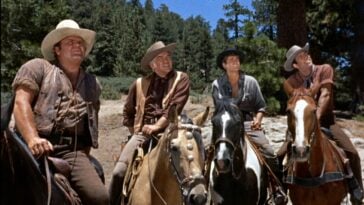 Lorne Greene, Michael Landon, Dan Blocker, and Pernell Roberts in Bonanza (1959) | ©Image Credit: NBC Universal