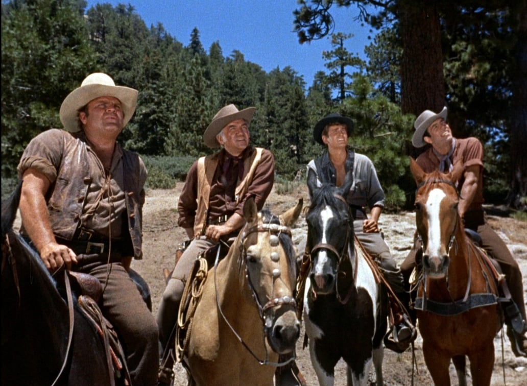 Lorne Greene, Michael Landon, Dan Blocker, and Pernell Roberts in Bonanza (1959) | ©Image Credit: NBC Universal