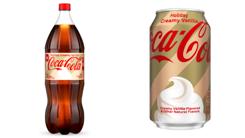 Coca-Cola Holiday Creamy Vanilla is available in bottles and cans with festive gold packaging | ©Image Credit: Coca-Cola