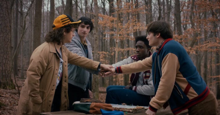 (L to R) Gaten Matarazzo as Dustin Henderson, Finn Wolfhard as Mike Wheeler, Caleb McLaughlin as Lucas Sinclair, and Noah Schnapp as Will Byers - Stranger Things stars’ paychecks explode for the final season—see who earns the most behind the scenes. | ©Image Credit: Netflix