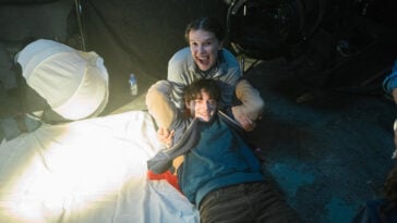 Millie Bobby Brown and Noah Schnapp share a playful moment behind the scenes of One Last Adventure: The Making of Stranger Things 5 | ©Image Credit: Atsushi Nishijima/Netflix