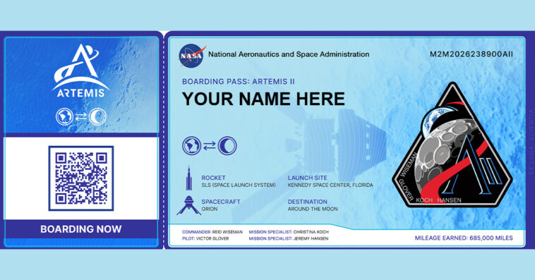 NASA’s Artemis II mission will orbit the moon this year, and your name could be on board! Get your digital boarding pass today. | ©Image Credit: NASA