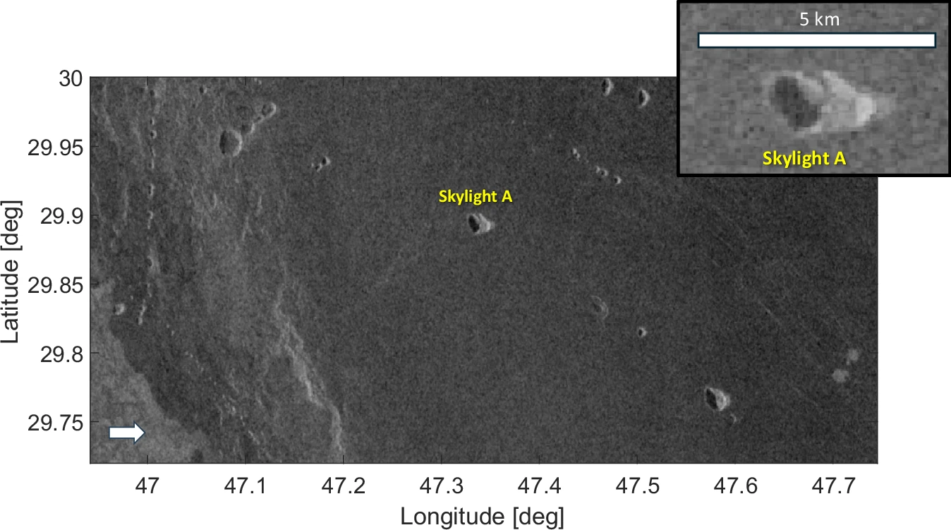 Skylight A and collapse chain in the Nyx Mons region, Venus | ©Image Credit: Pozzobon et al., Nature Communications (2026)