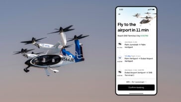 The sci-fi dream is real: book your first Uber Air ride and fly above traffic in a sleek, all-electric Joby air taxi. | ©Image Credit: Uber