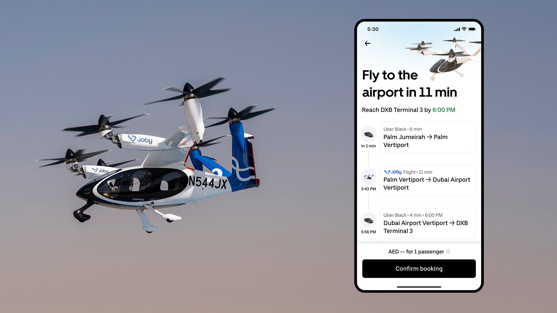 The sci-fi dream is real: book your first Uber Air ride and fly above traffic in a sleek, all-electric Joby air taxi. | ©Image Credit: Uber