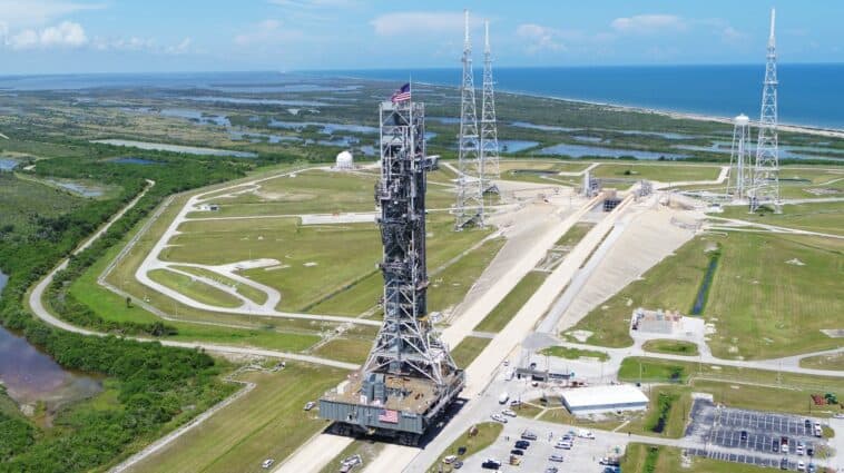 How a 1960s megastructure is carrying NASA back to the moon 1 NASA's mobile launcher rides atop Crawler-Transporter 2 as it reaches Launch Pad 39B at Kennedy Space Center on August 31, 2018, for fit checks and systems testing | ©Image Credit: NASA/Jamie Peer
