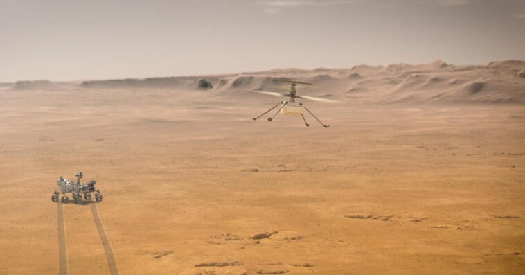 Building on Ingenuity’s legacy, the new Martian helicopters will eject mid-descent, without a rover to drop them. | ©Image Credit: NASA