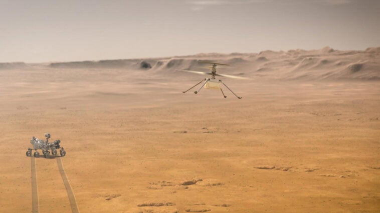 Building on Ingenuity’s legacy, the new Martian helicopters will eject mid-descent, without a rover to drop them. | ©Image Credit: NASA
