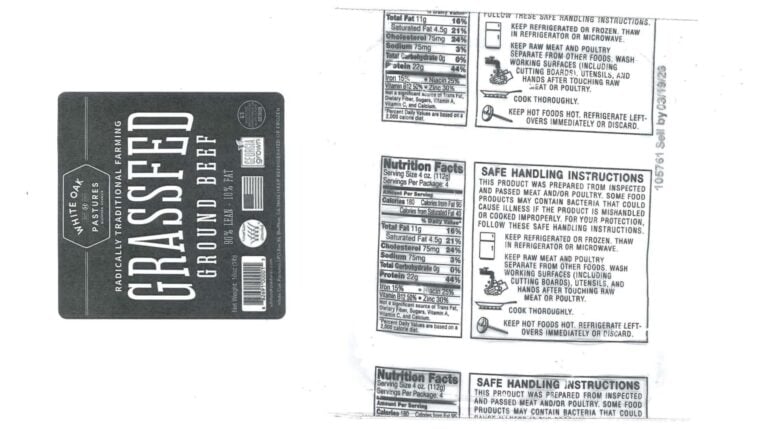 USDA issues health alert for ground beef over metal bits 1 Product label for the affected White Oak Pastures Radically Traditional Farming Grassfed Ground Beef | ©Image Credit: USDA FSIS