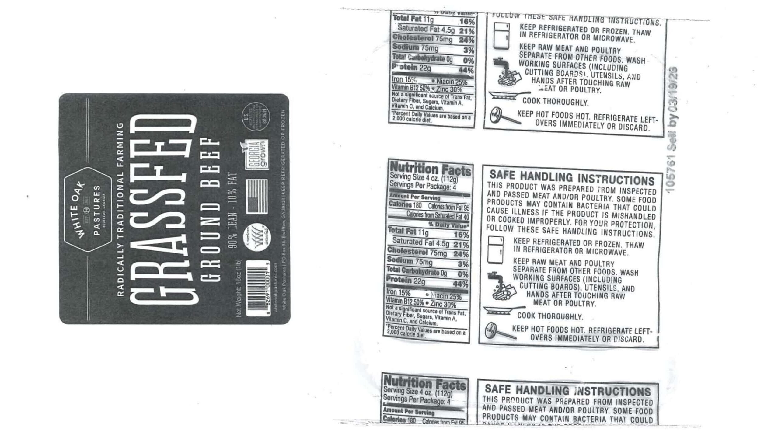 Product label for the affected White Oak Pastures Radically Traditional Farming Grassfed Ground Beef | ©Image Credit: USDA FSIS