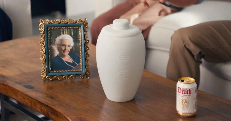 Spotify burial urn plays your music for all eternity 1 The Eternal Playlist Urn: A high-tech resting place featuring a built-in Bluetooth speaker for your final curated soundtrack. | ©Image Credit: Spotify, Liquid Death