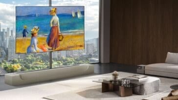 LG evo OLED W6 TV against glass ©Image Credit: LG