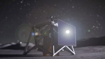 A concept image of a MoonFall drone "hopping" across the rocky lunar south pole to scout for future human landing sites. | ©Image Credit: NASA / Jet Propulsion Laboratory