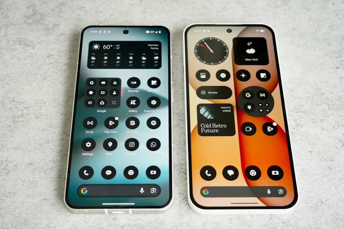 A side-by-side comparison of the Nothing Phone (4a) on the left and the Nothing Phone (4a) Pro on the right, displaying Nothing OS home screens with distinctive widgets, monochrome icons, and the 1.5K AMOLED displays.