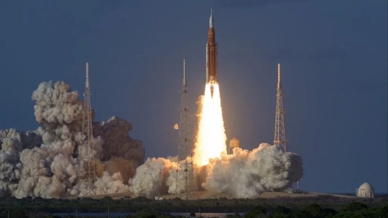 NASA’s space launch system rocket generates 8.8 million pounds of thrust as it carries the Artemis II crew into the Florida sky. ©Image Credit: NASA