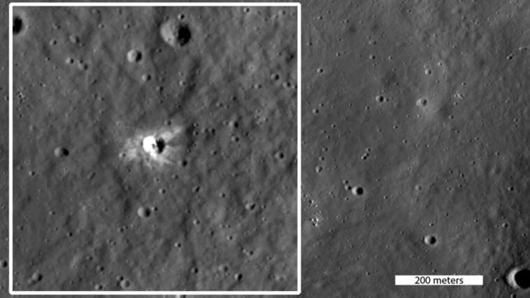 A fresh 22-meter lunar crater stands out with bright, sunburst-like rays. | NASA/GSFC/Arizona State University