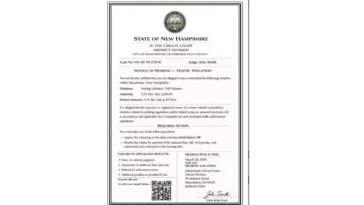 Example of a fake 'Notice of Hearing – Traffic Violation' document used by scammers in New Hampshire text messages | © Image Credit: City of Rochester (Public Information Office)