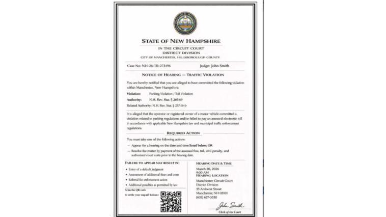 Example of a fake 'Notice of Hearing – Traffic Violation' document used by scammers in New Hampshire text messages | © Image Credit: City of Rochester (Public Information Office)