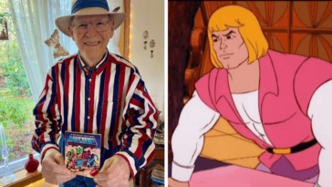 Roger Sweet (left) holding a Masters of the Universe toy, alongside a still from He-Man and the Masters of the Universe (1983) | ©Image Credit: GoFundMe campaign by Marlene Sweet, Mattel / Filmation