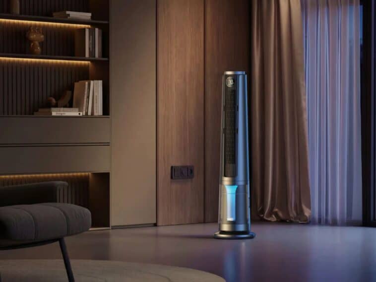 The smart tower fan from DREO delivers 34 ft/s airflow, 24-hour runtime, and whisper-quiet 20 dB performance. ©Image Credit: DREO