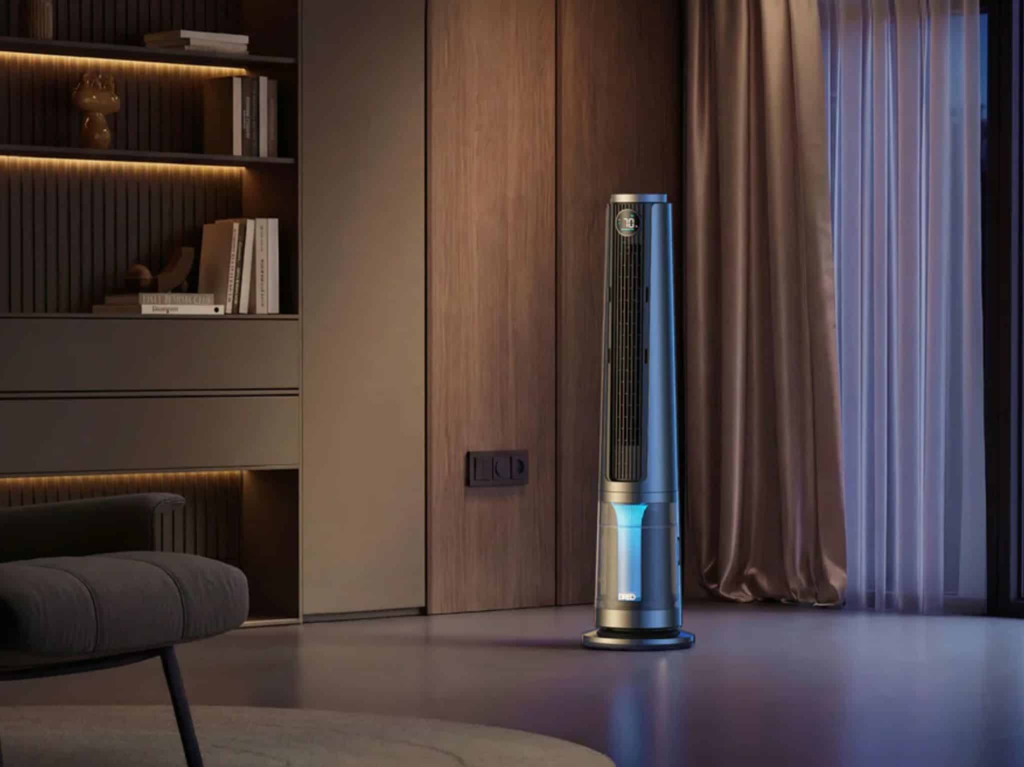 The smart tower fan from DREO delivers 34 ft/s airflow, 24-hour runtime, and whisper-quiet 20 dB performance. ©Image Credit: DREO
