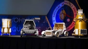 Models of the robotic landers and lunar rovers that will arrive first on the Moon in preparation for NASA’s bold plan for permanent human settlement. | ©Image Credit: NASA