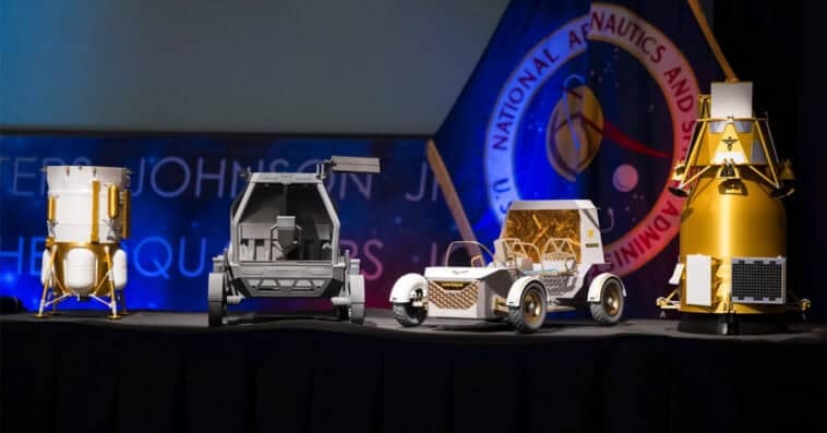 Models of the robotic landers and lunar rovers that will arrive first on the Moon in preparation for NASA’s bold plan for permanent human settlement. | ©Image Credit: NASA