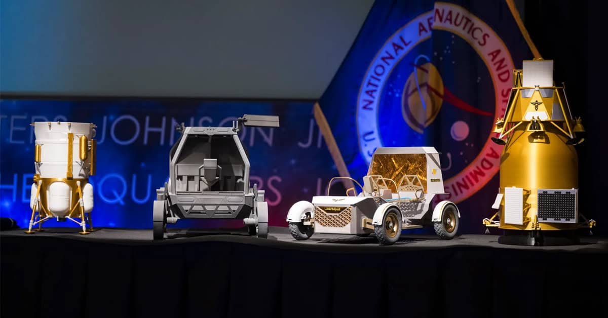 Models of the robotic landers and lunar rovers that will arrive first on the Moon in preparation for NASA’s bold plan for permanent human settlement. | ©Image Credit: NASA
