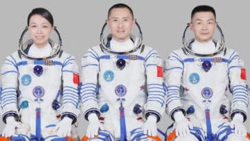 Shenzhou-23 astronauts (from left: payload specialist Lai Ka-ying, commander Zhu Yangzhu, and pilot Zhang Zhiyuan) launch aboard a Long March rocket as China pushes forward in its race to reach the Moon by 2030. | ©Image Credit: CMSA/CCTV