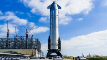 The massive Starship V3 is finally set for liftoff next Tuesday, marking its first test flight from a brand-new Starbase pad. | ©Image Credit: SpaceX / X