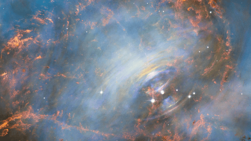 The heart of the Crab Nebula, showing the region around the Crab Pulsar (the rightmost of the two bright stars near center) — a rapidly spinning neutron star | ©Image Credit NASA/ESA Hubble Space Telescope