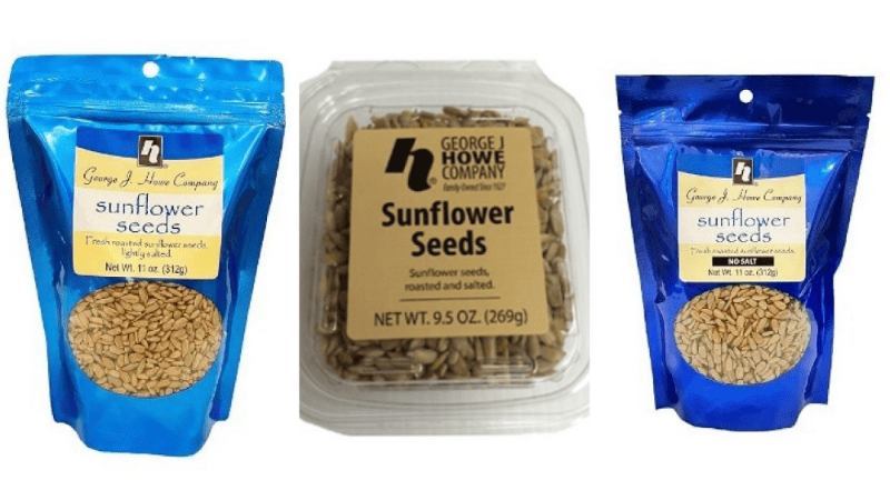 These specific sunflower seed packages are being recalled over potential tree nut contamination. Consumers with allergies are urged to return them for a refund | ©Image Credit: FDA / George J. Howe Co