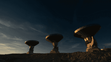 A row of radio telescope dishes silhouetted against a twilight sky, representing SETI research facilities | ©Image Credit: Unsplash / Thanh Nguyen