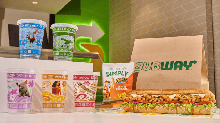 Subway meals now come with a $15 movie ticket for $1 more 1 Colorful collectible Moana cups from Subway’s summer Movie Meal Deal featuring Moana, Maui, Pua, Heihei, and Mini-Maui alongside a fresh sub | ©Image Credit: Subway