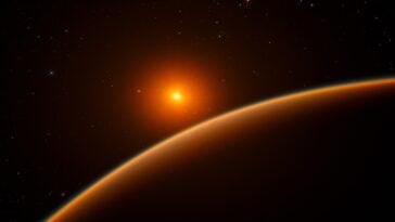 Artist’s impression of the super-Earth exoplanet LHS 1140 b orbiting its red dwarf host star, LHS 1140 | Image Credit: ESO/spaceengine.org