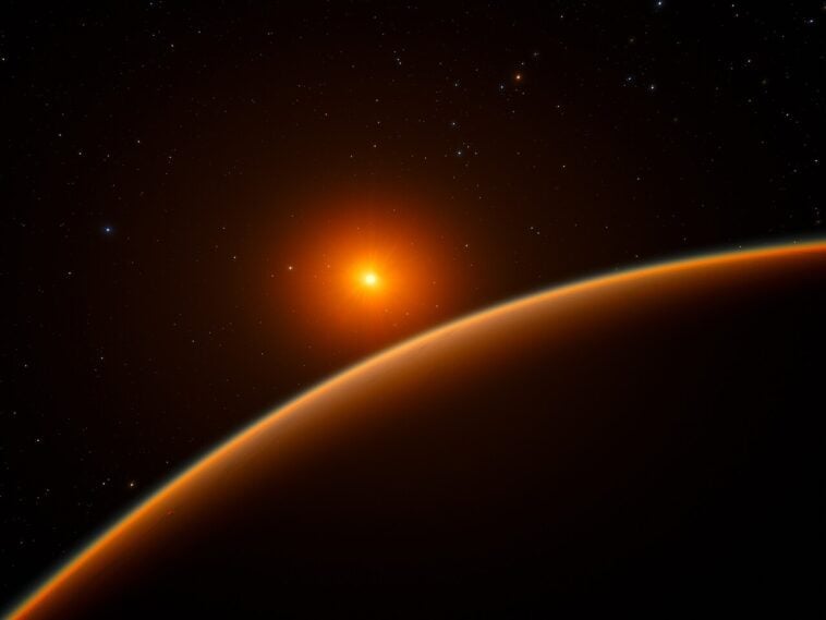 Artist’s impression of the super-Earth exoplanet LHS 1140 b orbiting its red dwarf host star, LHS 1140 | Image Credit: ESO/spaceengine.org