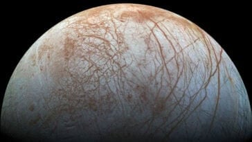 Jupiter’s moon Europa may contain a deep ocean beneath its frozen surface, making it a prime target in the search for alien life. | ©Image Credit: NASA