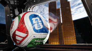 A 2026 FIFA World Cup ball floats aboard the ISS. NASA has promised to send another to the Moon, if the U.S. wins the tournament | ©Image Credit: NASA