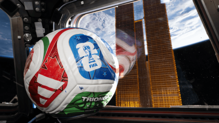 A 2026 FIFA World Cup ball floats aboard the ISS. NASA has promised to send another to the Moon, if the U.S. wins the tournament | ©Image Credit: NASA