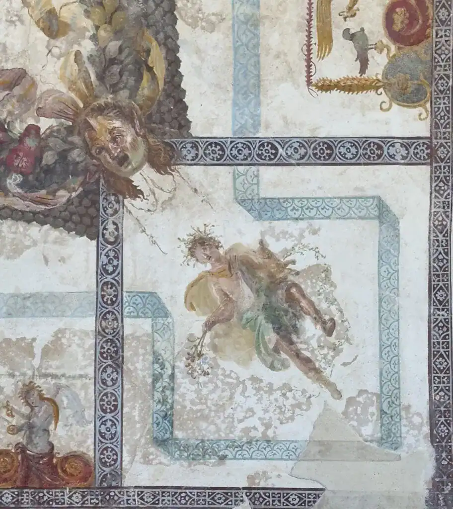 Archaeologists piece together 2,000-year-old Pompeii puzzle 2 With just 25% of the masterpiece restored, archaeologists say the 2,000-year-old Pompeii ceiling fresco depicts the mythical romance of Dionysus and Ariadne. ©Image Credit: Pompeii Archaeological Park
