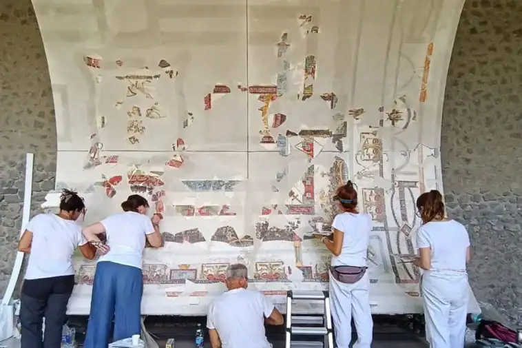 Archaeologists piece together 2,000-year-old Pompeii puzzle 1 Restorers in Pompeii meticulously assembling thousands of fragile plaster fragments to rebuild a 2,000-year-old vaulted ceiling. ©Image Credit: Pompeii Archaeological Park
