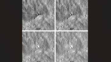 Four views show the SpaceX Falcon 9 impact crater under varying lighting angles, revealing dark, weathered surface material and brighter, deeper ejecta | ©Image Credit: NASA Goddard/Intuitive Machines